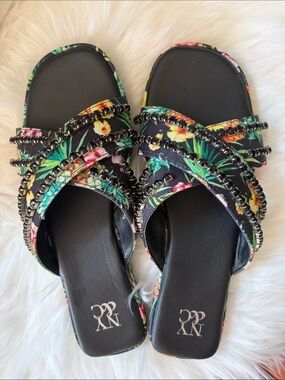 New York & Company Black Floral Beaded Slide Sandals